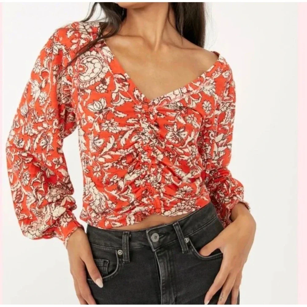 Free People Say The Word Ruched Front Floral‎ Long Sleeve Top Ruby Orange XL